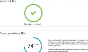Zielony znacznik z napisem "Płacę bez opóźnień" i wskaźnik punktowy BIK 74/100.
