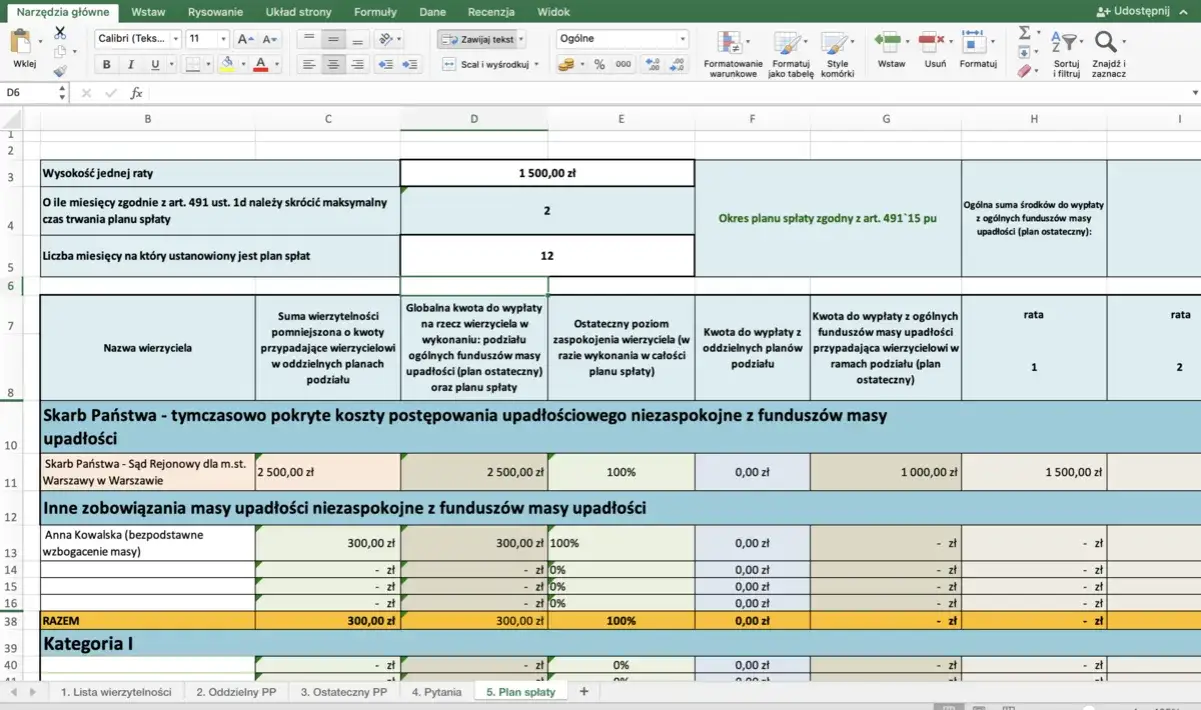plan spłaty wierzycieli przykładowy
