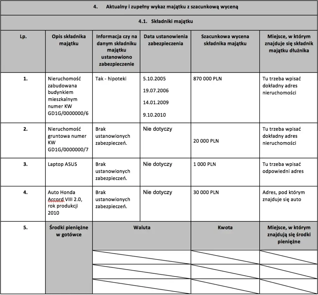 r&oacute;żne rodzaje majątku do upadłości konsumenckiej