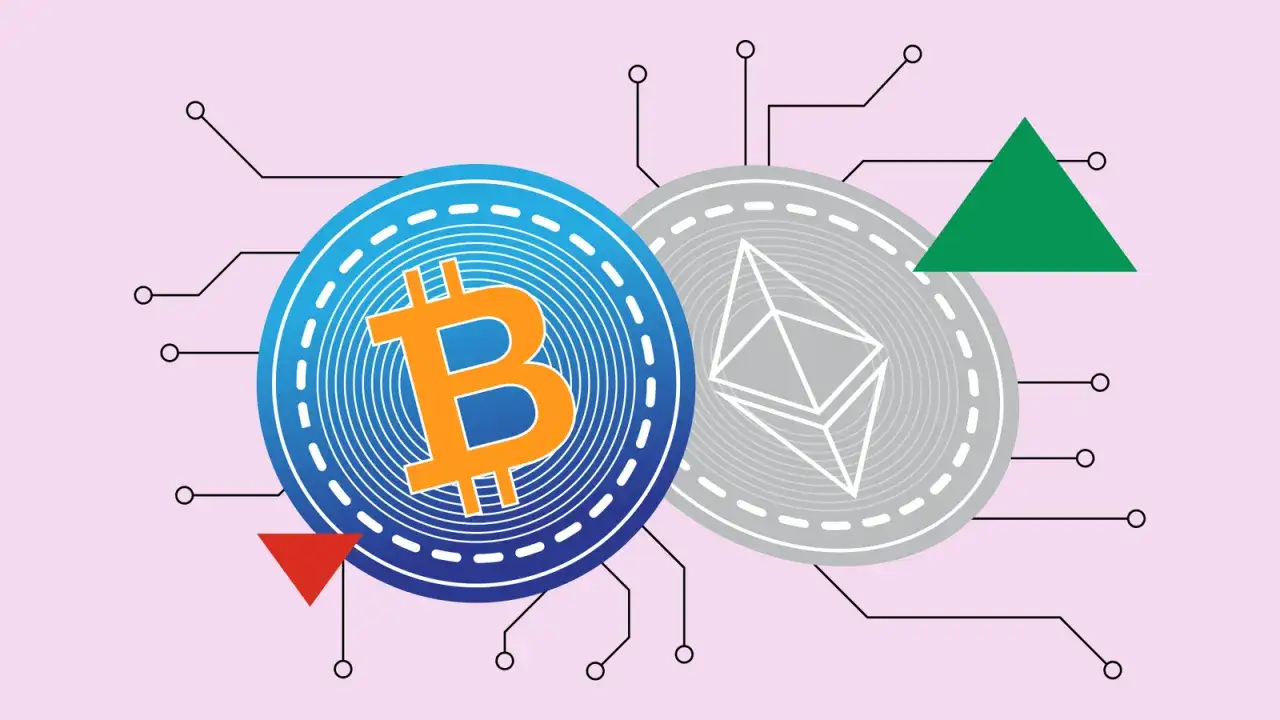 Grafika przedstawia symbole Bitcoin i Ethereum, sugerując potencjalne zyski. Zielony trójkąt symbolizuje wzrost, a czerwony spadek. Zastanawiasz się, ile można zarobić na kryptowalutach?