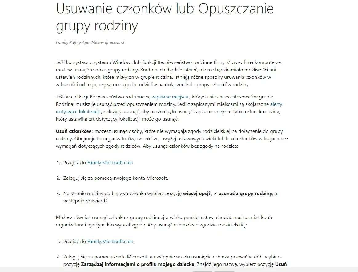 Opcja opuść grupę rodzinną Microsoft Family Safety