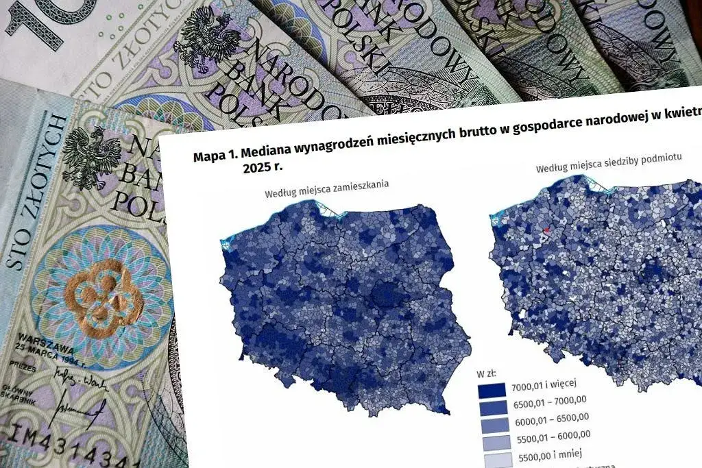 Mapa Polski z zaznaczonymi miastami i średnimi zarobkami na praktykach