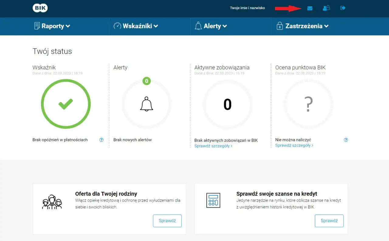 Panel logowania BIK, strona główna BIK