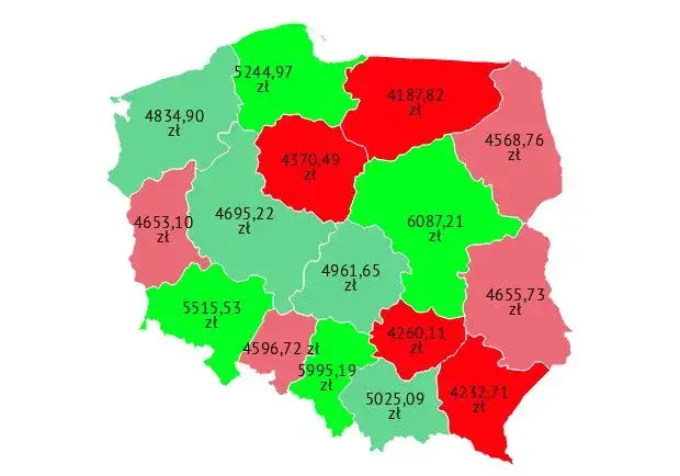 Mapa Polski zarobki stażystów miasta