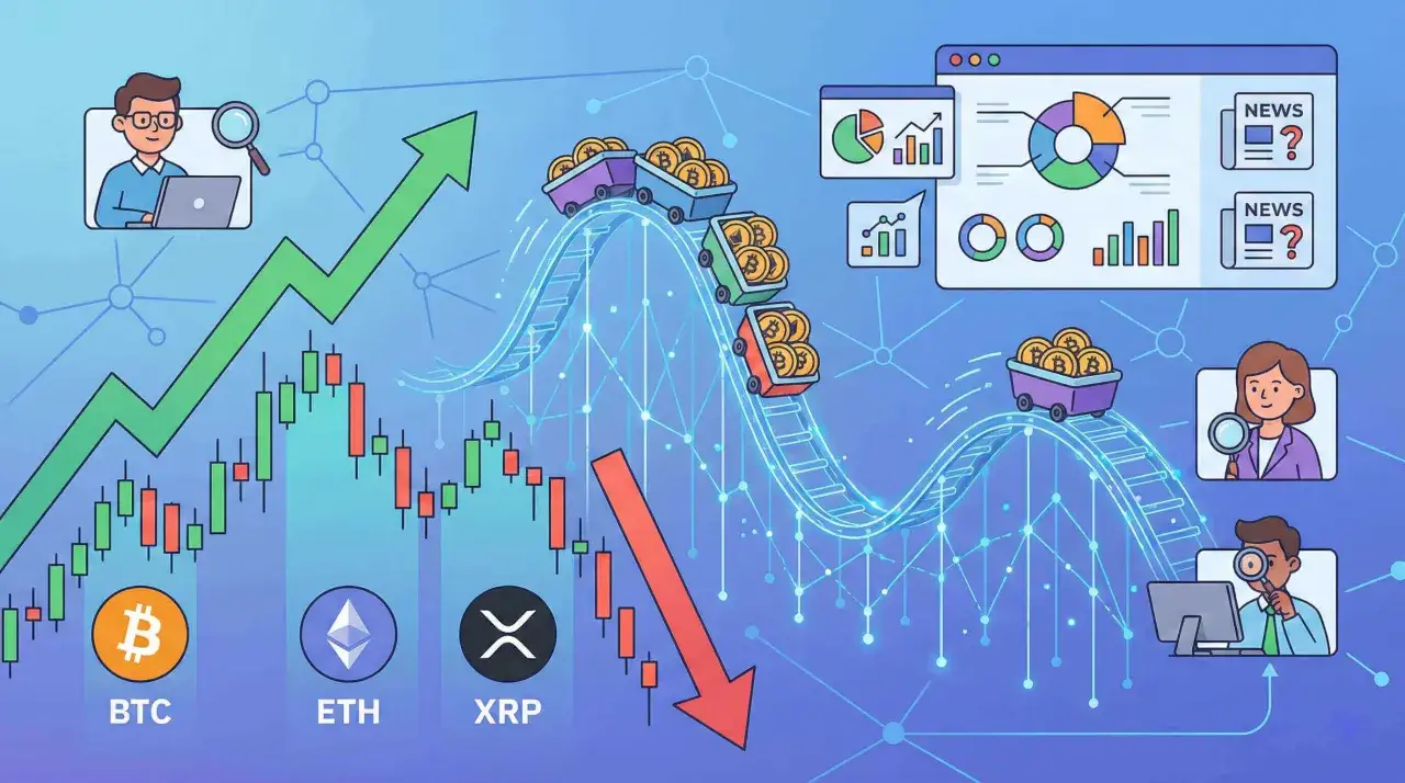 Wykresy, ikony BTC, ETH, XRP i wagoniki z kryptowalutami na rollercoasterze pokazują, ile można zarobić na kryptowalutach.
